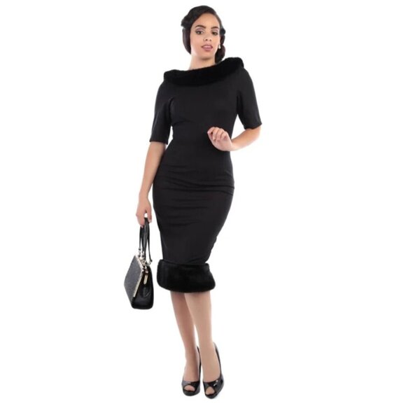 collectif Black fur Juliette Pencil Dress size small 1950s style pin up - Picture 1 of 8